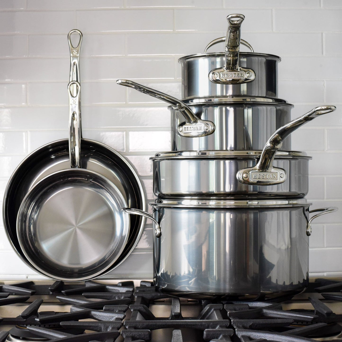 Stack of stainless steel pots and pans