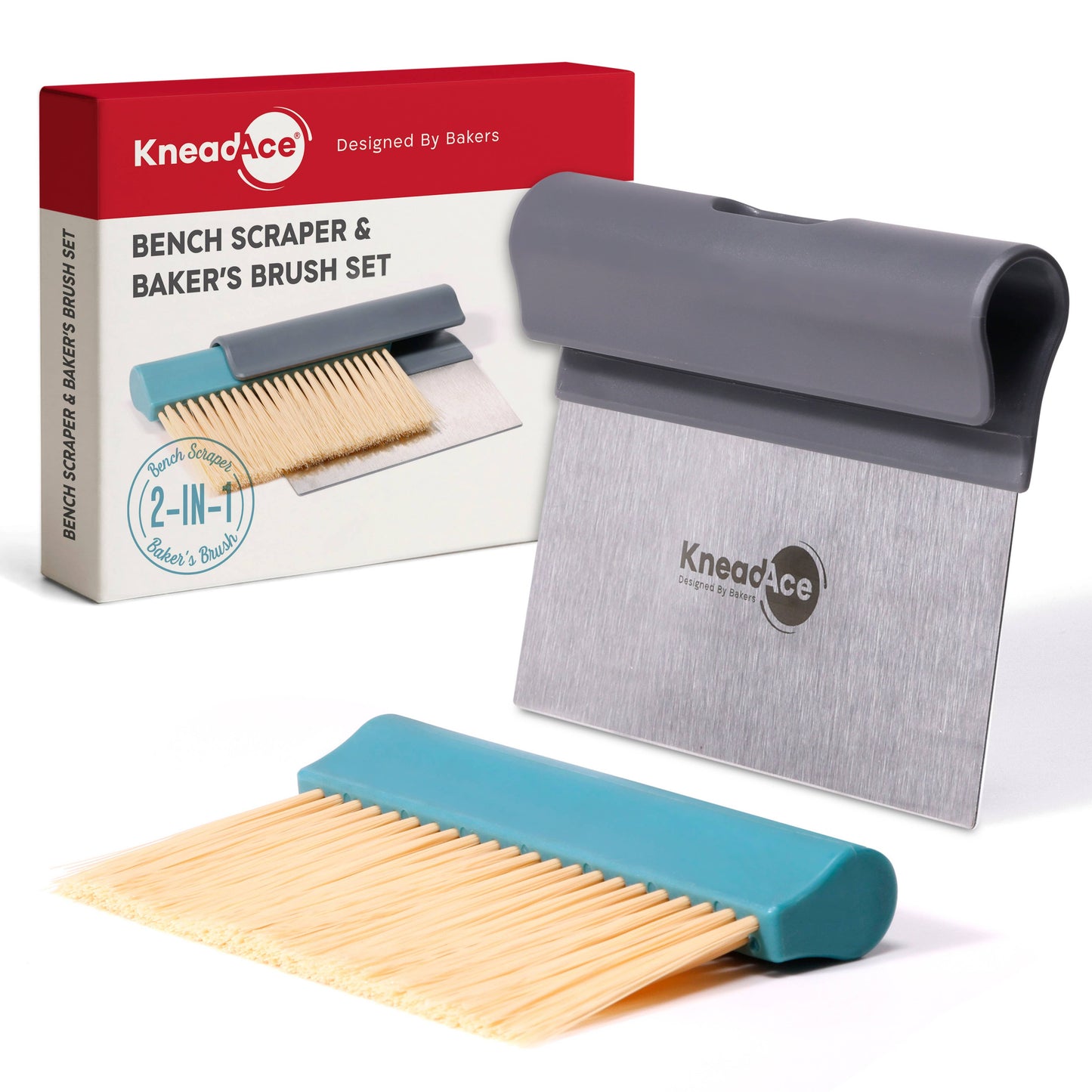 KneadAce Bench Scraper and Baker's Brush Gray / Turquoise