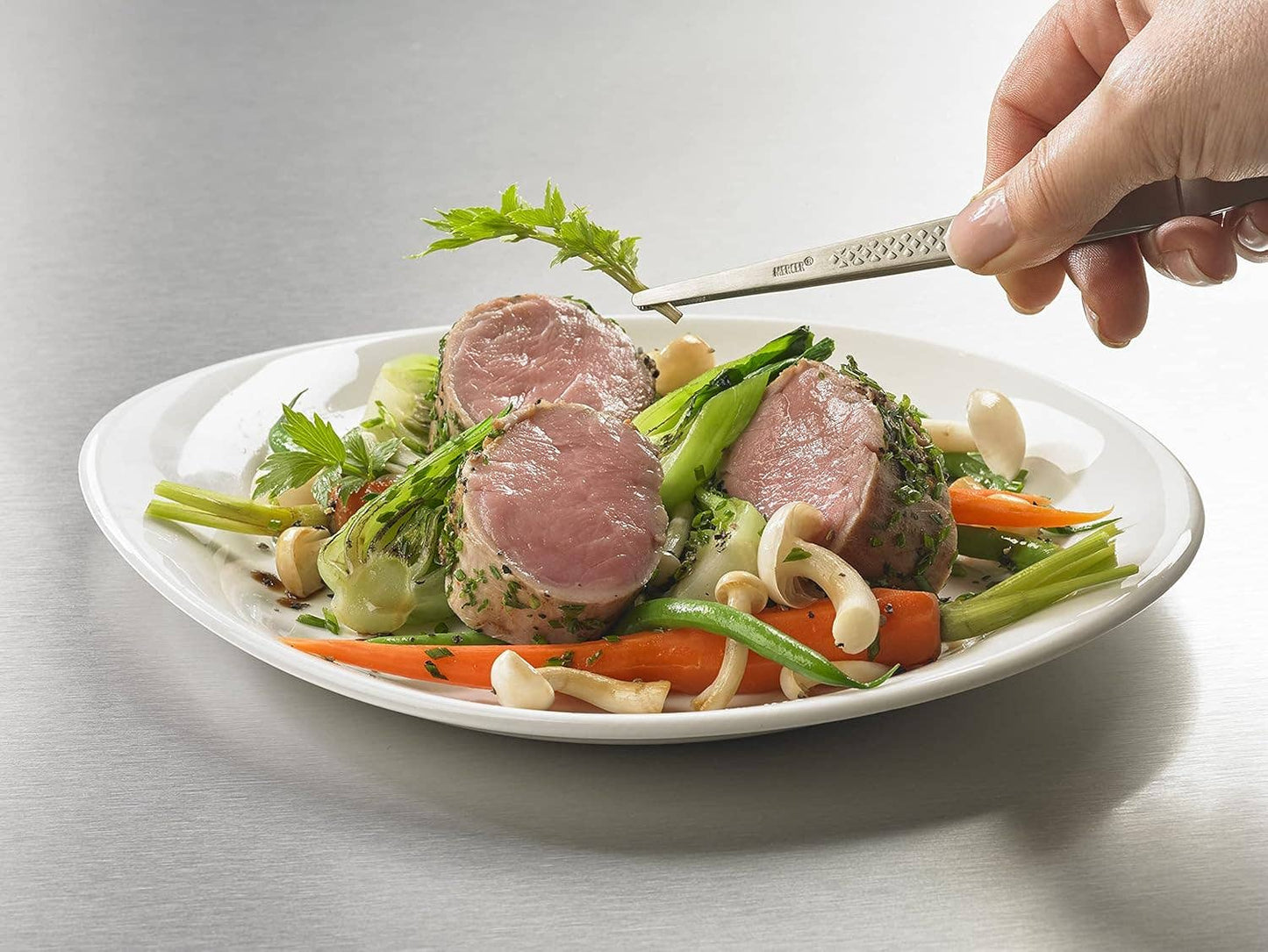 Precision Plus Chef Plating Tong - Straight 9 3/8" - Silver