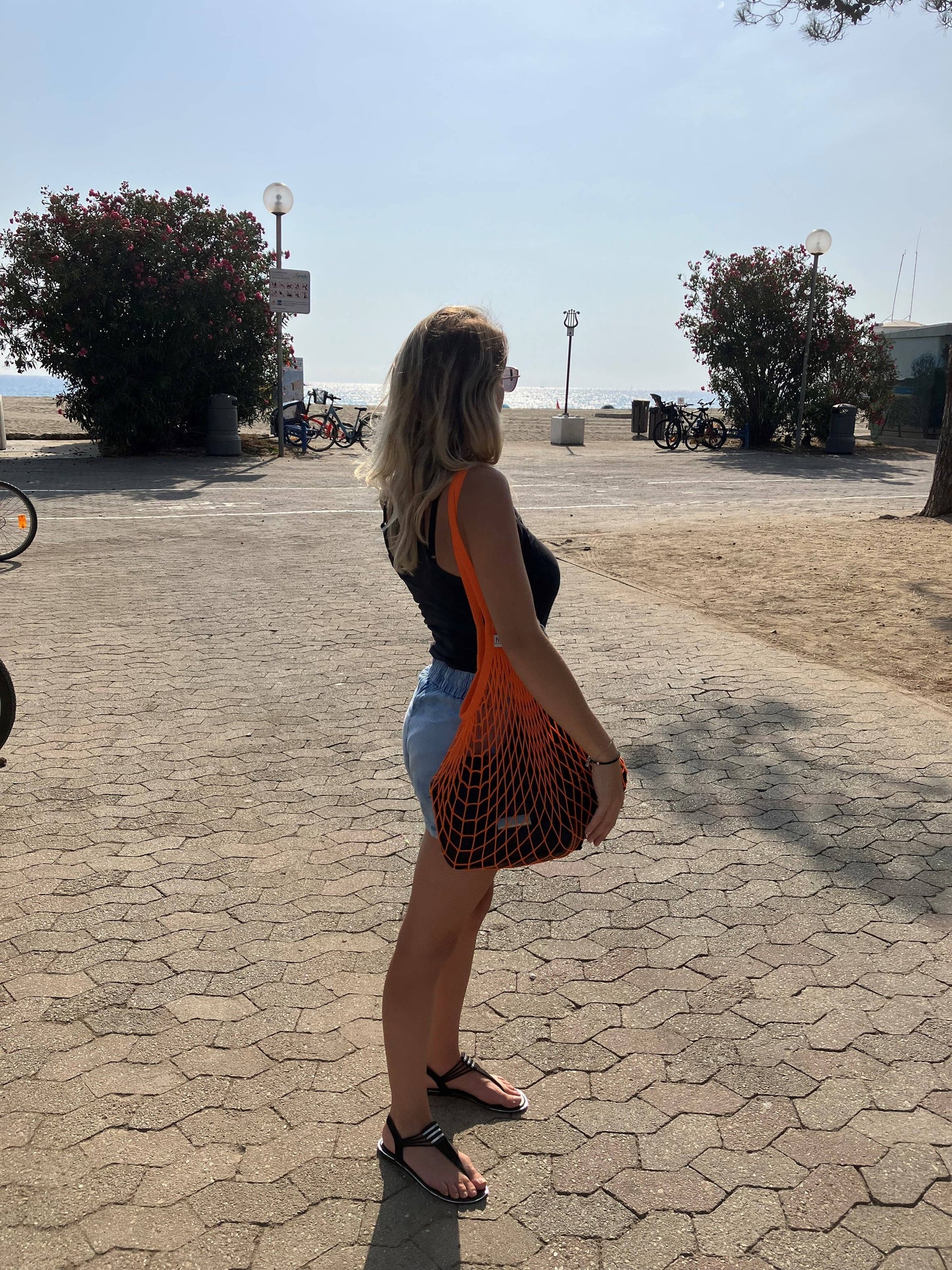 Net Shopping Bag Orange Aztéque long handles