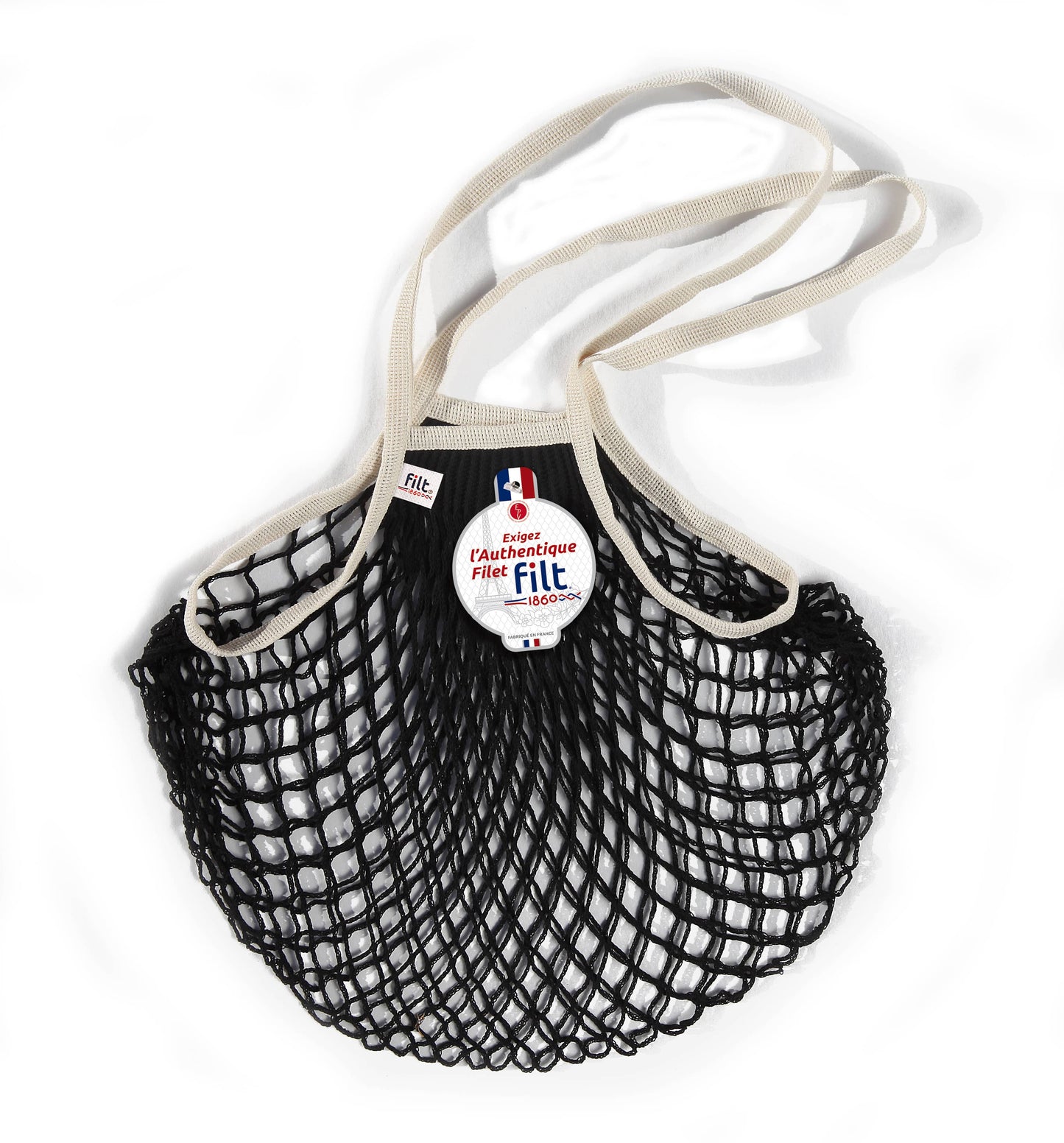 Net Shopping Bag Black with large ecru handles