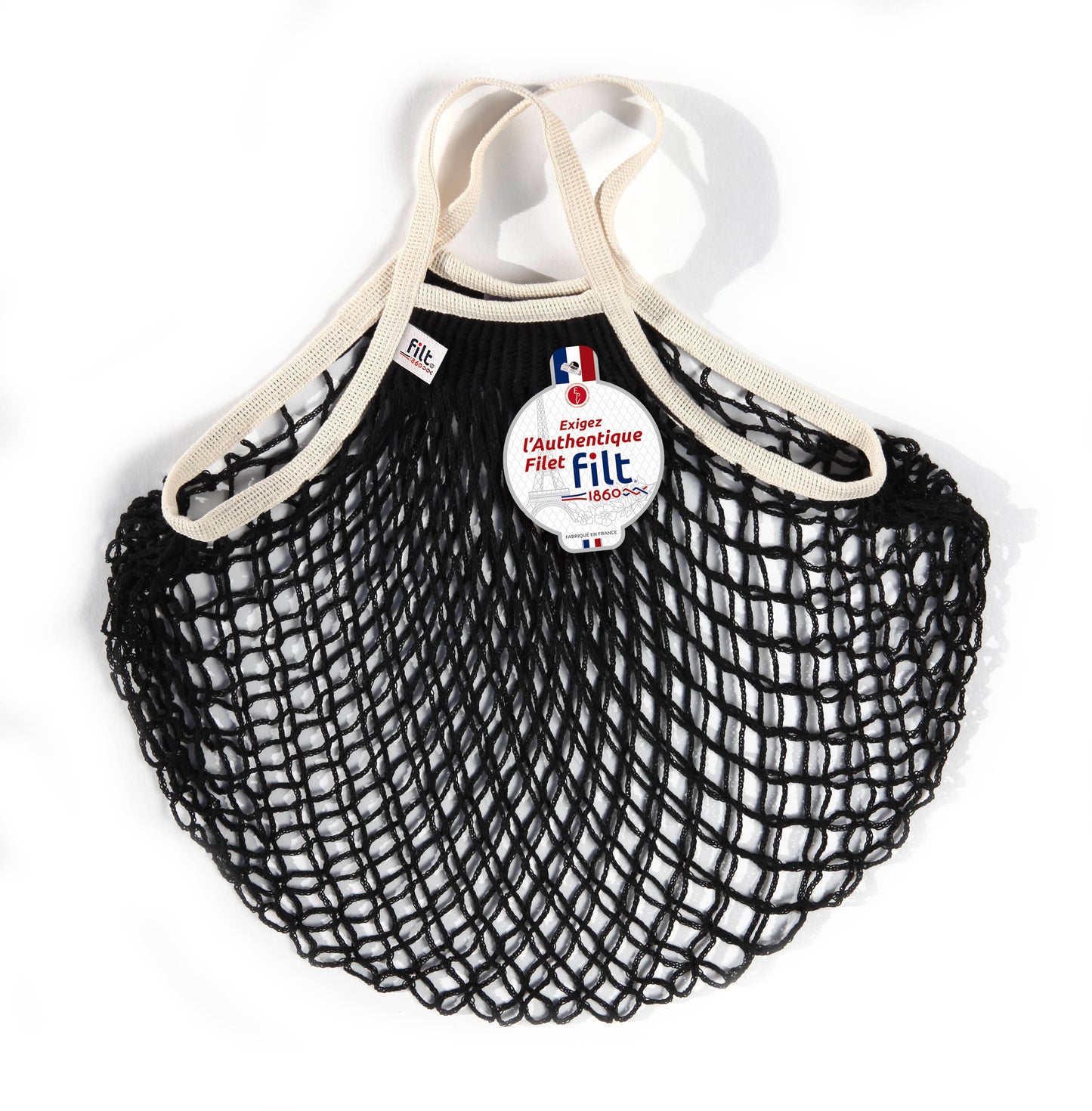 Net Shopping Bag black with small ecru handles