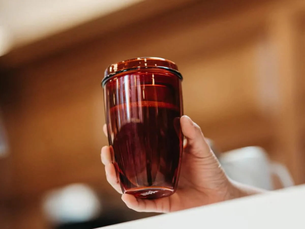 12oz Amber Good Cuppa Double Wall Glass Takeaway Cup