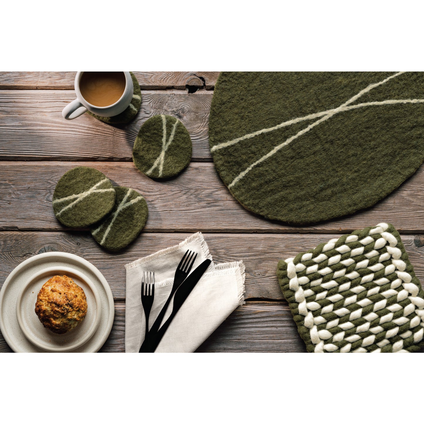 Striato Felt Wool Coasters Set/4 - Olive Branch