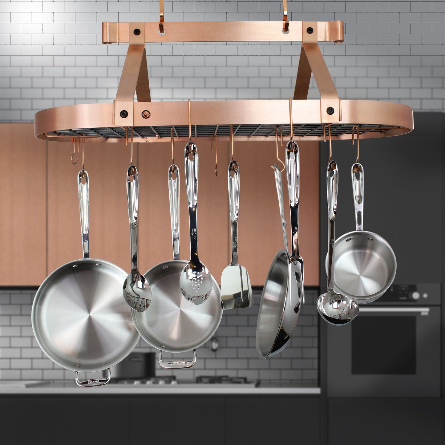 48" Oval Hanging Pot Rack - Plated Copper