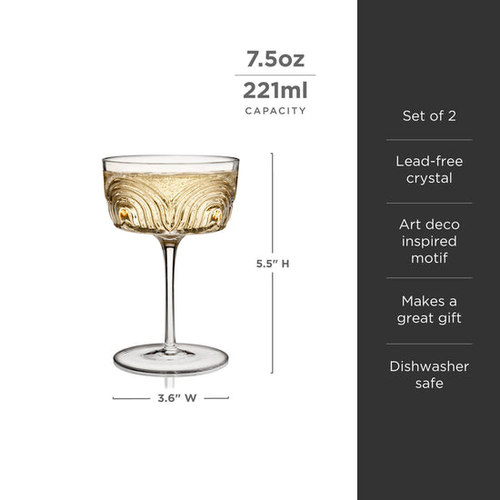 Viski Crystal Deco Beau Cocktail Coupes - 7.5oz/222ml