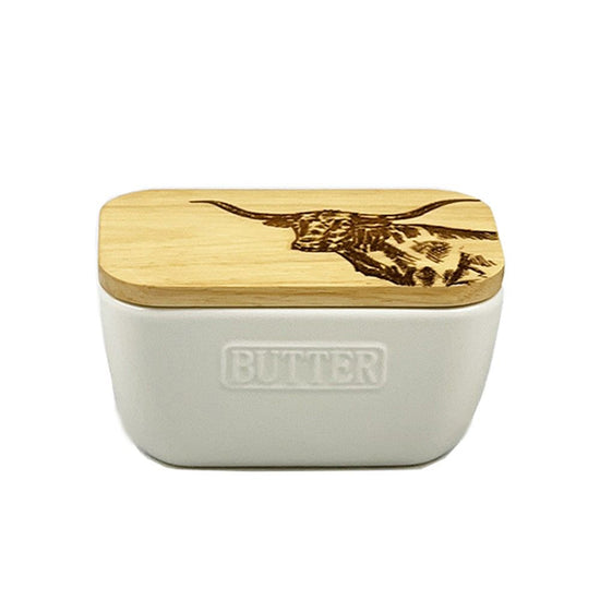 Butter Dish - Texas Longhorn White
