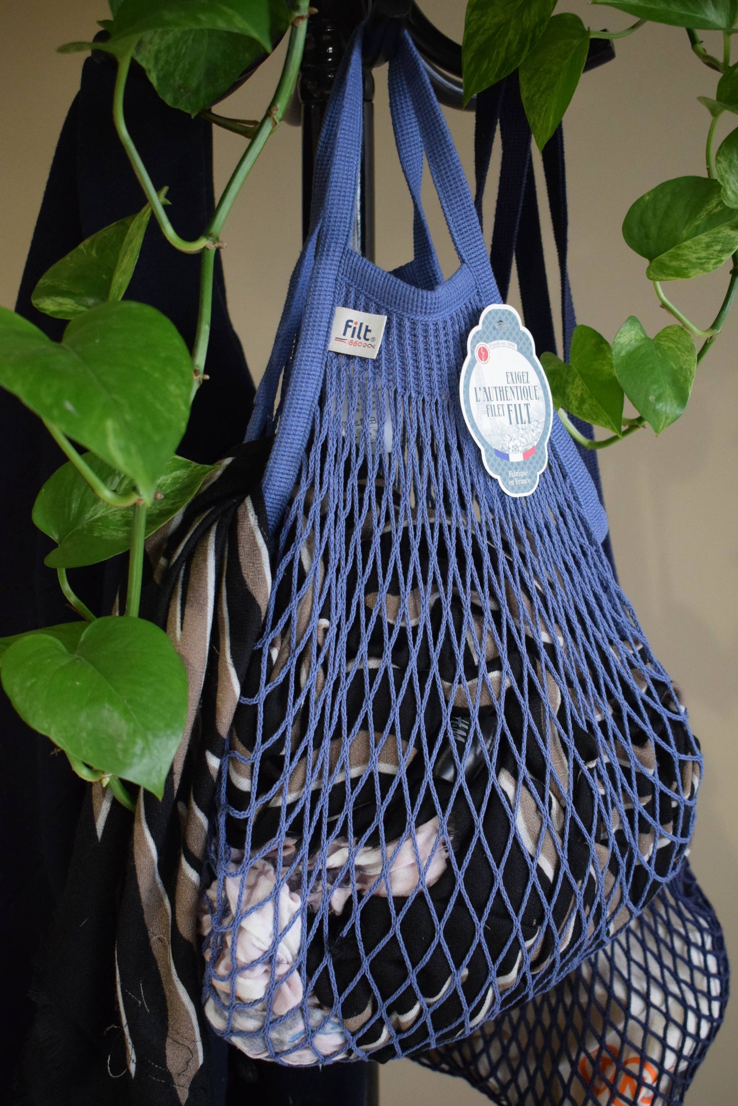 Net Shopping Bag blue jeans with small handles
