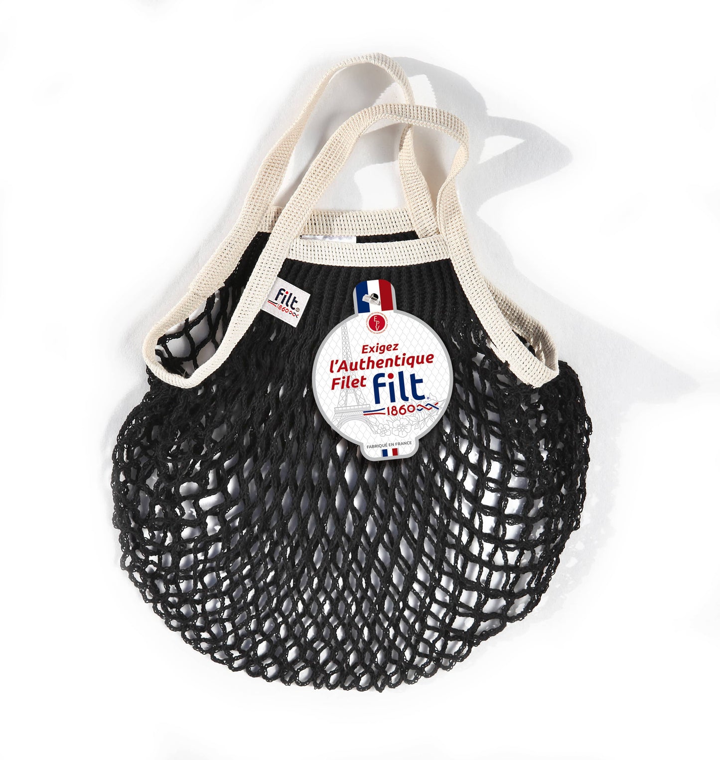 Net Shopping Bag Black with size mini ecru handles