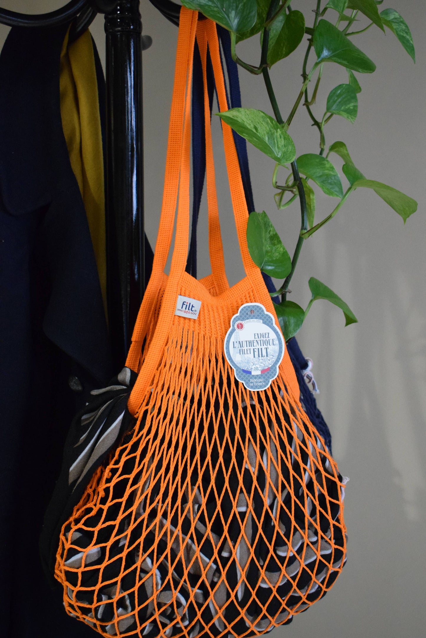 Net Shopping Bag Orange Aztéque long handles