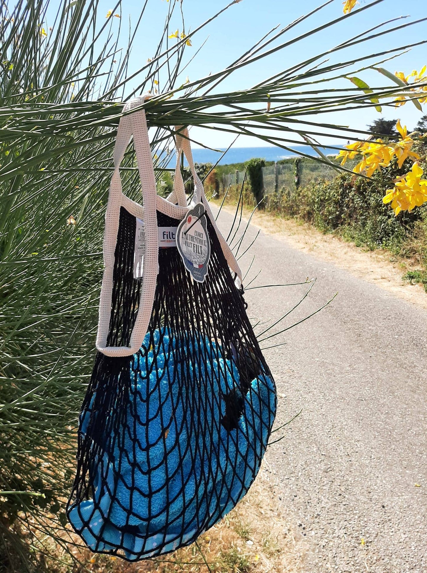 Net Shopping Bag black with small ecru handles