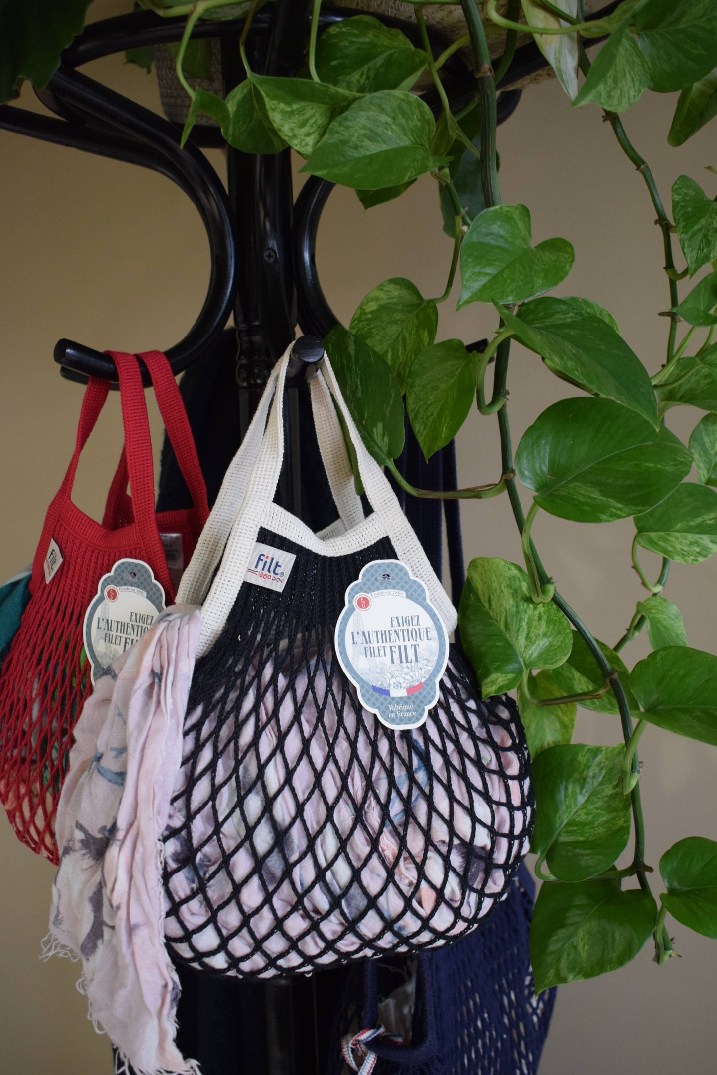Net Shopping Bag Black with size mini ecru handles