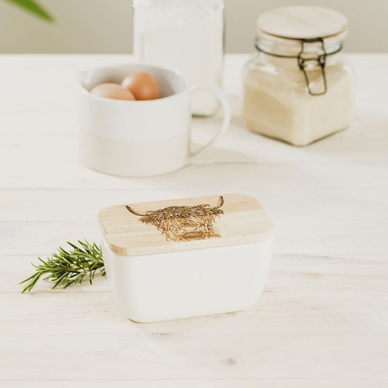 Butter Dish - Highland Cow White