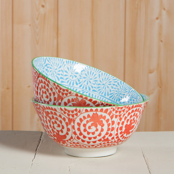 Load image into Gallery viewer, Bowl Stamped 6&amp;quot; - Orange Swirls/Blue
