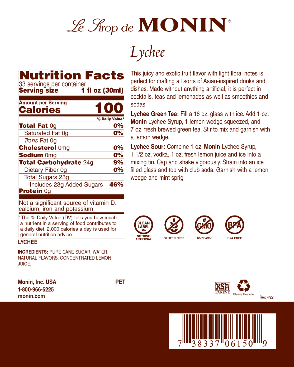 Monin Syrup - Lychee 1 litre