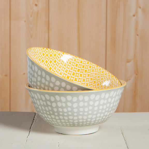 Bowl Stamped 6" - Grey Dots/Yellow