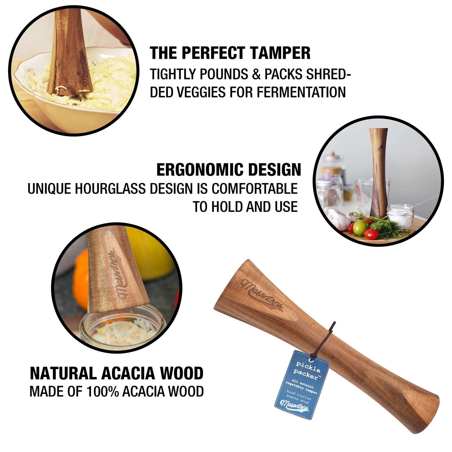 Pickle Packer Acacia Wood Veggie Tamper - Fits WIDE & REG