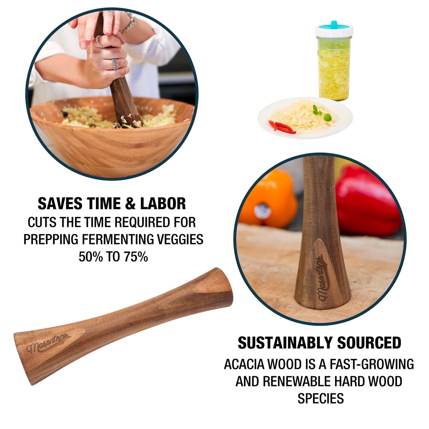 Pickle Packer Acacia Wood Veggie Tamper - Fits WIDE & REG