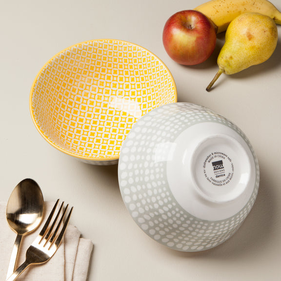 Bowl Stamped 6" - Grey Dots/Yellow