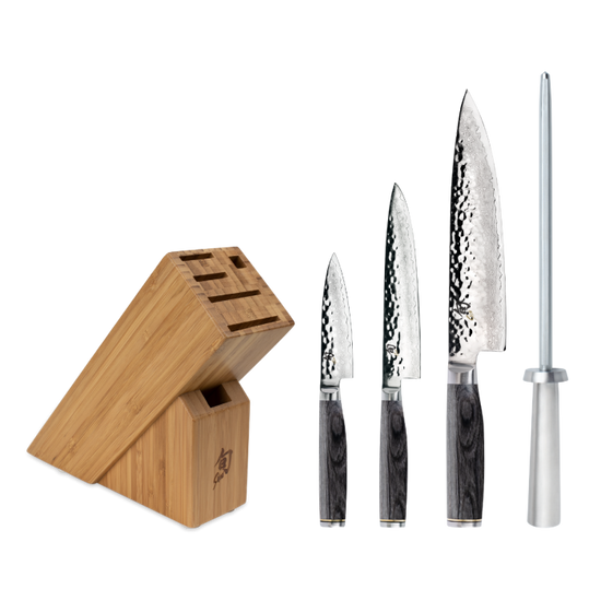 Shun Premier 5pc Knife Set - Starter Block - Paring 3.5" Utility 6" Chef's 8", Combination Honing Steel and 6-slot Slimline Block