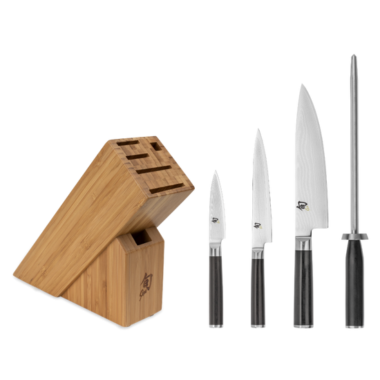 Shun Classic 5pc Knife Set - Starter Block - Paring 3.5" Utility 6" Chef's 8", Combination Honing Steel and 6-slot Slimline Block